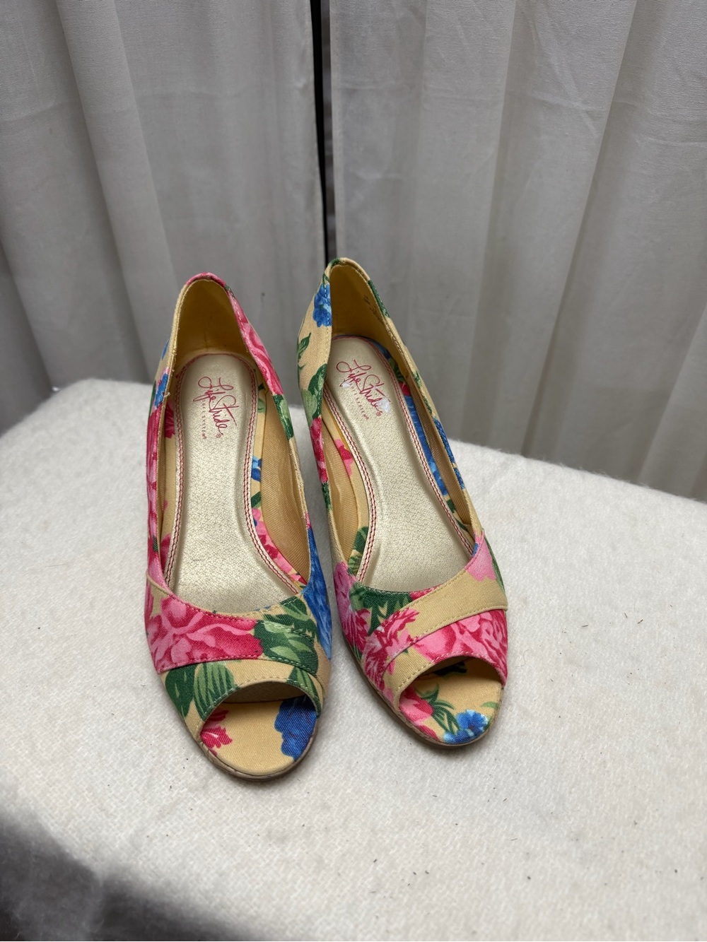 Life Stride Floral Open-Toe Heels in Pink, Blue, Green
